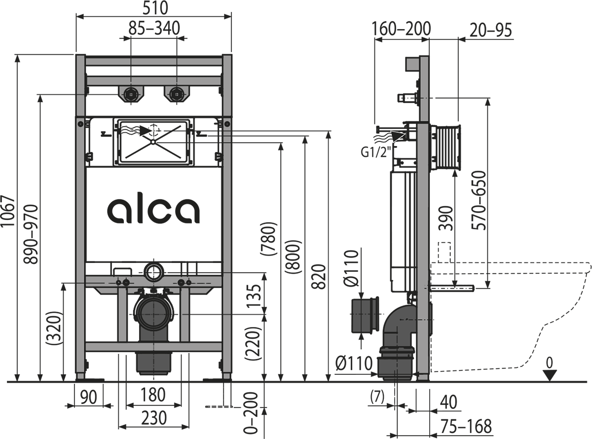 A108F/1100 - Montagerahmen mit Kasten für Ausguss, Abfluss DN90/110 und Wandarmatur Anschluss