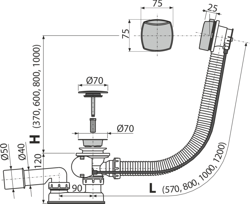 A553KM1 - Badewanne Ab- und Überlaufgarnitur Automat, Metall