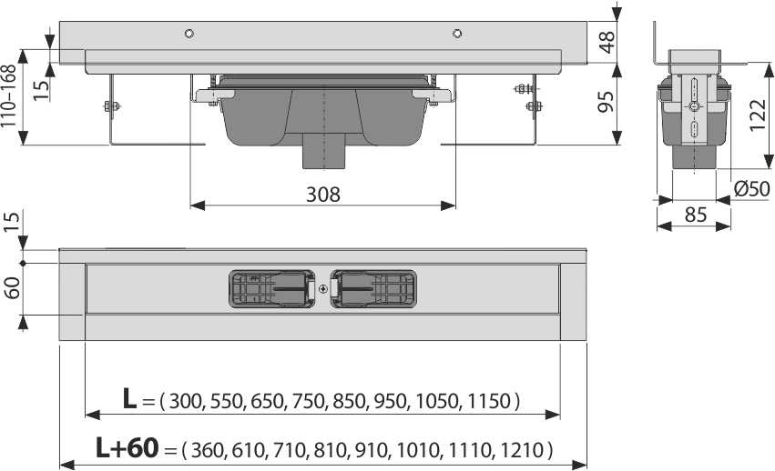 APZ1016 Wall - Duschrinne mit Rand für den vollen Rost und fixem Kragen zur Wand, Abfluss senkrecht