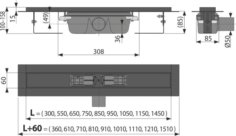 APZ1BLACK - Duschrinne mit Rand für den perforierten Rost, Schwarz-Matt