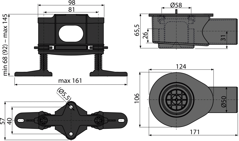 APZ-S9 - Flach Siphon DN50 mit dem Set der verstellbaren Füßen
